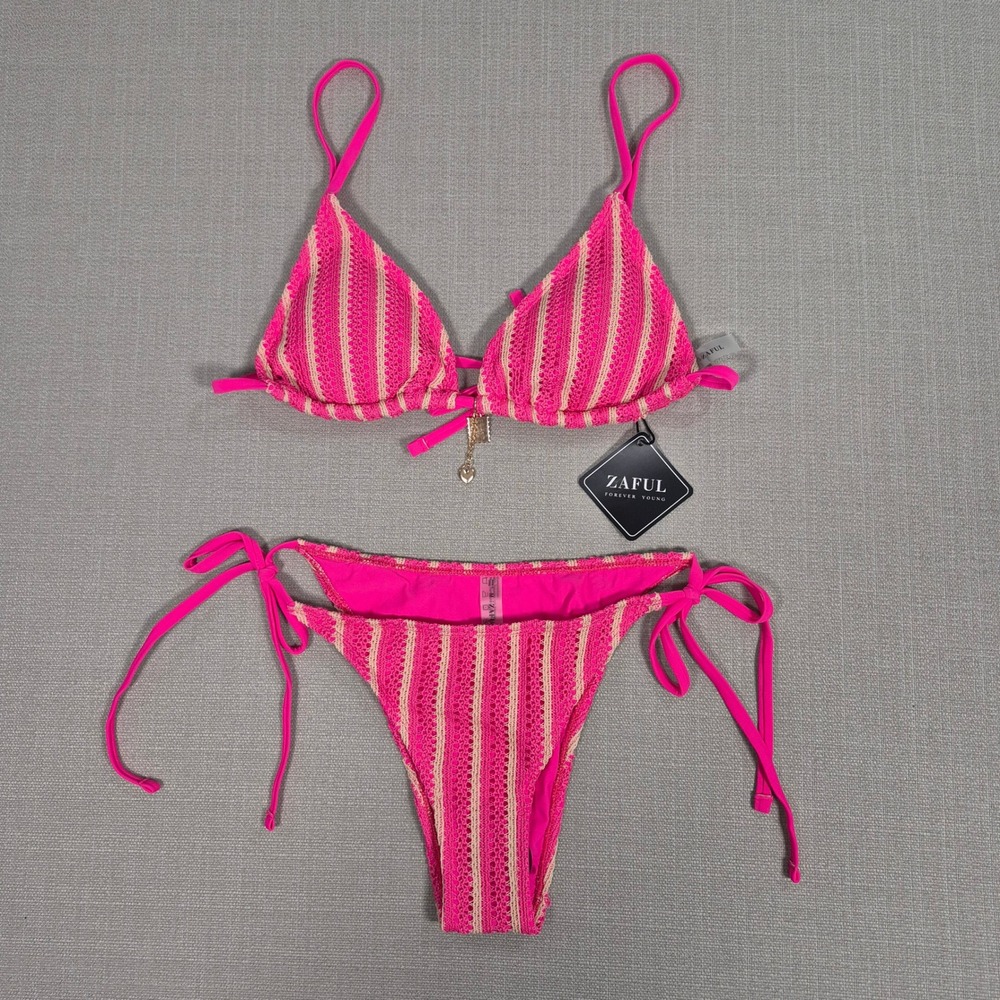 Zaful Pink Striped Crochet Bikini Set Heart Pendant Side Tie Swimsuit Size M NWT
